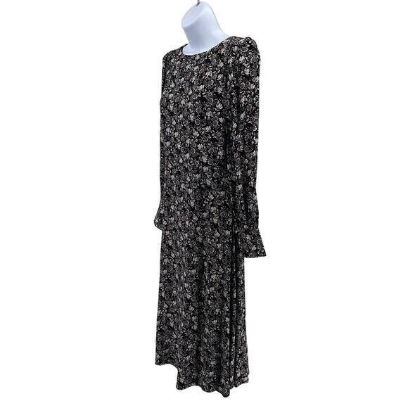 Ann Taylor LOFT Floral Midi Dress WMNS 2 Black Puff Sleeve High Neck Zip Slit LS - Picture 5 of 16